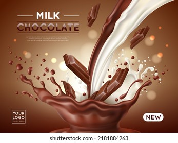 Chocolate poster. Realistic milk and cocoa streams, sweet natural product advertising banner, desert food, dark and white splash, promotional flyer template, utter vector 3d concept