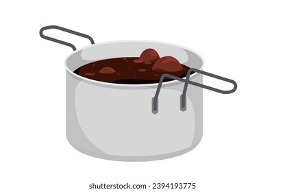 Schokolade in Topf, Vektorgrafik. Cartoon einzeln geschmolzene braune Schokolade mit Bläschen in Saucepan, Zutat zur Herstellung von süßer Dessersoße oder Kuchencreme auf Hitze, Schoko-Fondue oder hausgemachte Trüffel