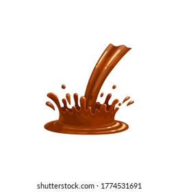 Chocolate pour and splash, liquid drop sauce, vector isolated icon. Chocolate flow of dark cocoa candy cream with swirls and pour splash drops and drips, cacao drink and syrup melt stream