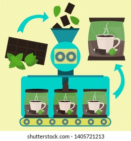 Chocolate powder with mint line series production. Factory of packed chocolate powder with mint. Chocolate bar and mint leaf being processed. Packing powder. Cup of hot chocolate and mint leaf printed