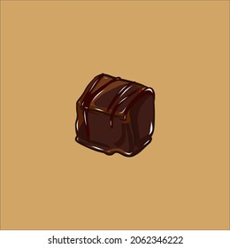 Chocolate praline vector illustration on the beige background. Isolated square dark chocolate praline. Sweet luxury treat. Truffle covered with chocolate.