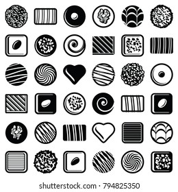 Chocolate pralines candies icon collection - vector outline illustration and silhouette