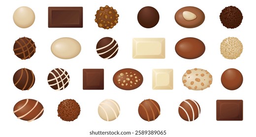 Chocolate pralines candies top view isolated collection graphic illustration.