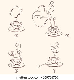 Chocolate preparation. Making instant chocolate icon, vector set.