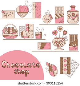 Chocolate presents and gift boxes in chocolate shop. Design element for postcard, invitation, banner or flyer made in modern line style vector.