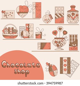 Chocolate presents and gift boxes in chocolate shop. Design element for postcard, invitation, banner or flyer made in modern line style vector.