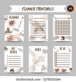 Chocolate Printables cacao sketch planner. Cocoa organizer. Design for restaurant, shop, confectionery.Notes for bar, cafe. To do list. Vector