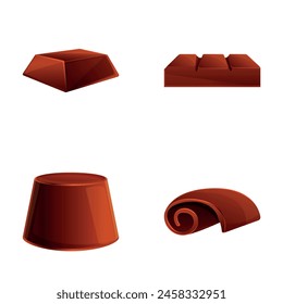 Chocolate product icons set cartoon vector. Chocolate piece and candy. Sweet food, dessert