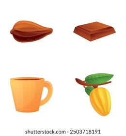 Chocolate product icons set cartoon vector. Hot chocolate cup and cocoa pod. Cocoa beverage