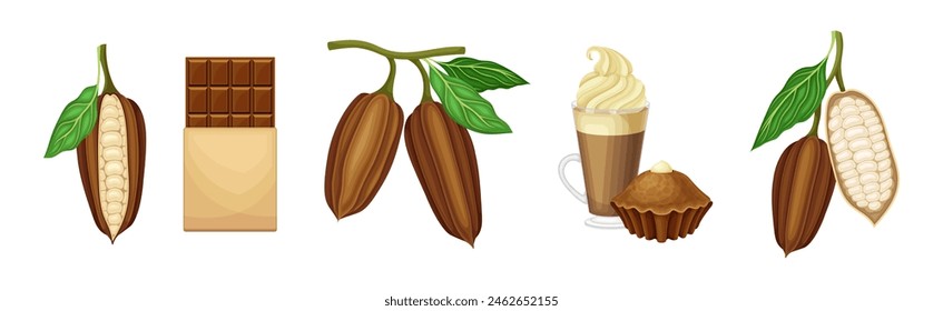 Chocolate Product with Plant Pod, Bar and Dessert Vector Set