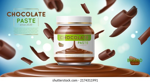 Chocolate Product Poster. Realistic Jar With Cocoa Butter Or Paste, Flying Chocolate Pieces, Sweet Dessert Food, Dark Spread, Confectionery Snack, Utter Vector Advertising Horizontal Banner