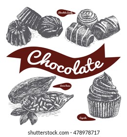 Chocolate product set illustration. Vector black and white illustration of chocolate  confectionery.