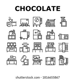 Chocolate Production Collection Icons Set Vector. Chocolate Factory Industry Manufacturing Equipment, Plant Heating Cocoa Machine, Conveyor Black Contour Illustrations