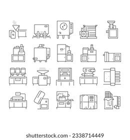 Chocolate Production Collection Icons Set Vector. Chocolate Factory Industry Manufacturing Equipment, Plant Heating Cocoa Machine, Conveyor Black Contour Illustrations