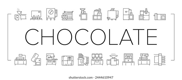 Chocolate Production Collection Icons Set Vector. Chocolate Factory Industry Manufacturing Equipment, Plant Heating Cocoa Machine, Conveyor Black Contour Illustrations