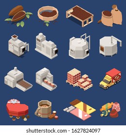 Chocolate production isomeric set of cacao beans raw materials automated factory lines candies and bars isolated vector illustration