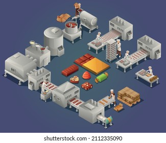 Chocolate production isometric background with female workers making chocolate candies tiles and bars on factory conveyors vector illustration