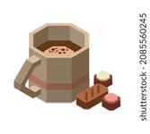 Chocolate production isometric composition with isolated image of coffee cup with few chocolate candies vector illustration