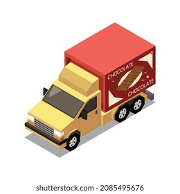 Isoometrische Zusammensetzung der Schokoladenproduktion mit isoliertem Bild der Vektorgrafik von LKW