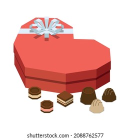 Chocolate production isometric composition with isolated image of heart shaped box of chocolate candies vector illustration
