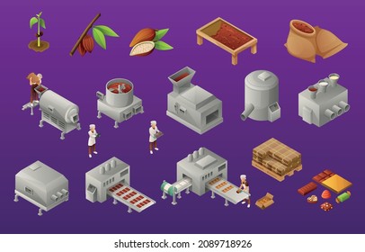 Iconos isométricos de la producción de chocolate, desde granos de cacao crudo hasta productos dulces acabados aislados de ilustración vectorial de fondo violeta