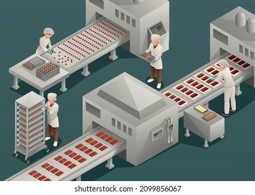 Chocolate production isometric illustration with female staff working on candy packaging conveyors vector illustration