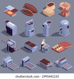 Chocolate production isometric set with cocoa beans refining grinding kneading heating cooling machinery sweets candies vector illustration