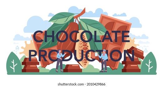 Chocolate production typographic header. Delicious pastry food and sweets factory. Confectionery manufacturing process. Isolated flat vector illustration