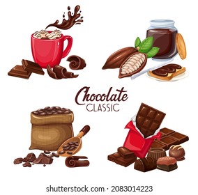 Chocolate products banners. Candy, Cocoa Beans, popsicle, Chips, Chocolate Bar, spred and ets for confectionery products shop. Vector illustration.