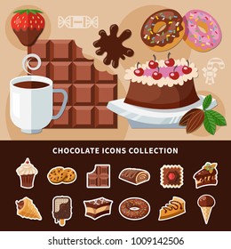 Chocolate products collection of flat icons with cake, donuts, ice cream, swiss roll, cookie isolated vector illustration  