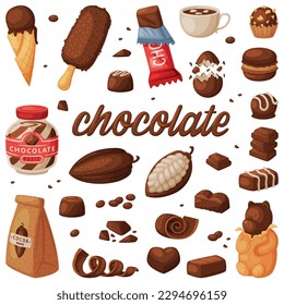 Chocolate products set. Chocolate desserts, sweets, drinks and pastry food ingredients cartoon vector illustration