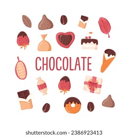 chocolate products set isolated on white background. Chocolates, candies, chocolate bar, chocolate covered strawberries, ice cream, cocoa beans, box of chocolates, truffles, chocolate cake. Vector