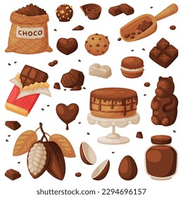 Chocolate products set. Tasty chocolate desserts, candies and pastries cartoon vector illustration