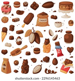 Chocolate products set. Tasty desserts, candies, drinks, ice cream and pastries cartoon vector illustration i