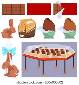 Chocolate products and sweetmeet, vector set. Illustration concept for mobile website and internet development.