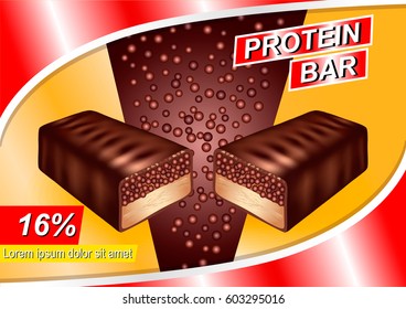 Chocolate protein bar. sports nutrition . Packaging design, chocolate flow element,  a splash of chocolate. 3d illustration