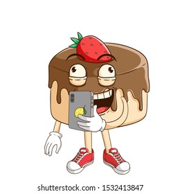 Chocolate pudding cartoon character holding a smartphone and do selfie with funny expression