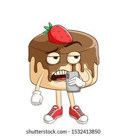 Chocolate pudding cartoon character holding a smartphone and calling someone with funny bad expression