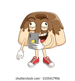 chocolate pudding or jelly cartoon character holding a smartphone and do selfie with funny expression