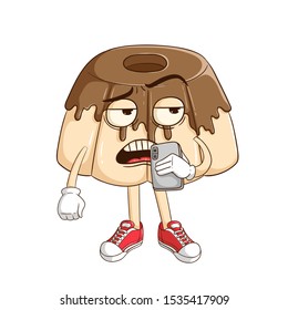 Chocolate pudding or jelly cartoon character holding a smartphone and calling someone with funny bad expression