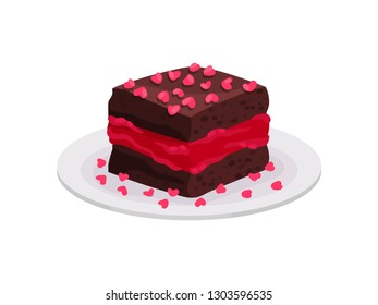Chocolate pudding with pink jam and sprinkles in shape of heart. Dessert for Valentine s day. Flat vector icon
