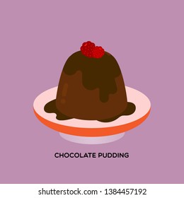 Chocolate pudding served with melt chocolate sauce with berries on orange plate on violet background.