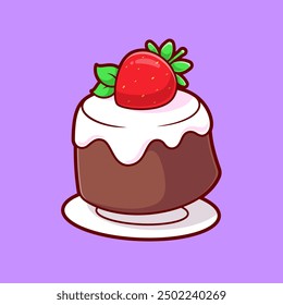 Pudín de chocolate con fresa en la ilustración del icono del Vector de dibujos animados de la placa. Concepto de icono de objeto de comida Vector de Premium aislado. Estilo plano de la historieta