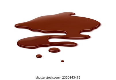 Chocolate puddle, brown choco spill, isolated liquid blot and drip. Isolated vector splatter captures the essence of indulgence. Its glossy and messy texture make it a treat for eyes and taste buds