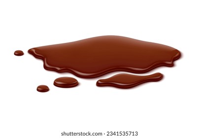 Chocolate puddle, brown choco spill, isolated liquid blot and drip. Isolated realistic 3d vector blob. Rich and luscious dessert indulgence. Smooth and glossy blob, with smooth velvet melting texture