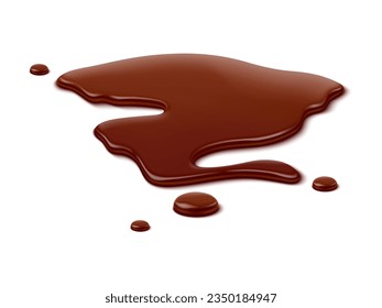 Chocolate puddle, brown choco spill, isolated liquid blot and drip. Isolated vector irresistible cocoa blob, rich and gooey with luscious texture, indulging the taste buds with its decadent sweetness