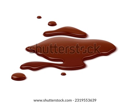 Chocolate puddle, brown choco spill, isolated liquid blot and drip. Isolated realistic 3d vector velvety-smooth pool of melted chocolate, enticingly shiny, with a luscious aroma that tempts the senses
