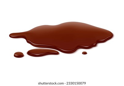 Chocolate puddle, tempting and decadent brown choco spill. Isolated realistic 3d vector liquid blot and drip with glossy surface. Rich and indulgent luscious brown blot, and mesmerizing drips