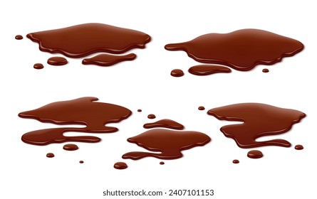 Chocolate puddles, brown choco spill, isolated liquid blots and drip. Coffee or yogurt stain, liquid chocolate dessert splatter or cacao syrup isolated vector puddles. Melted choco realistic spills