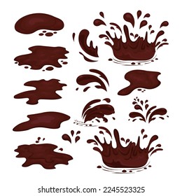 Chocolate. Puddle, salpicaduras, gotas. Vector puesto en un fondo blanco